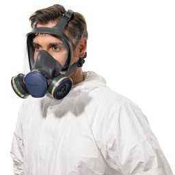 Masque complet Moldex Série 9000 porté avec filtres de profil gauche